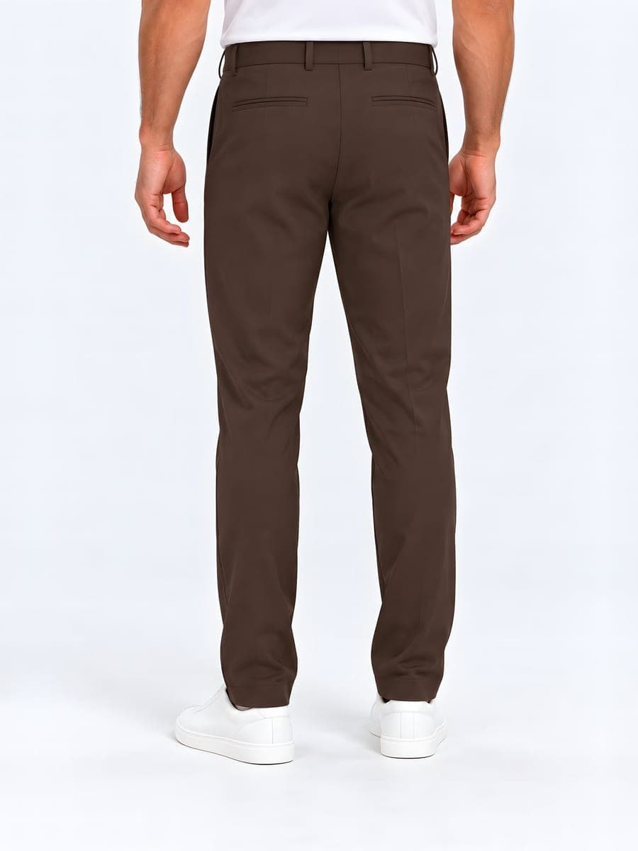 Aardebruine slim fit pantalon met persvouw, achteraanzicht