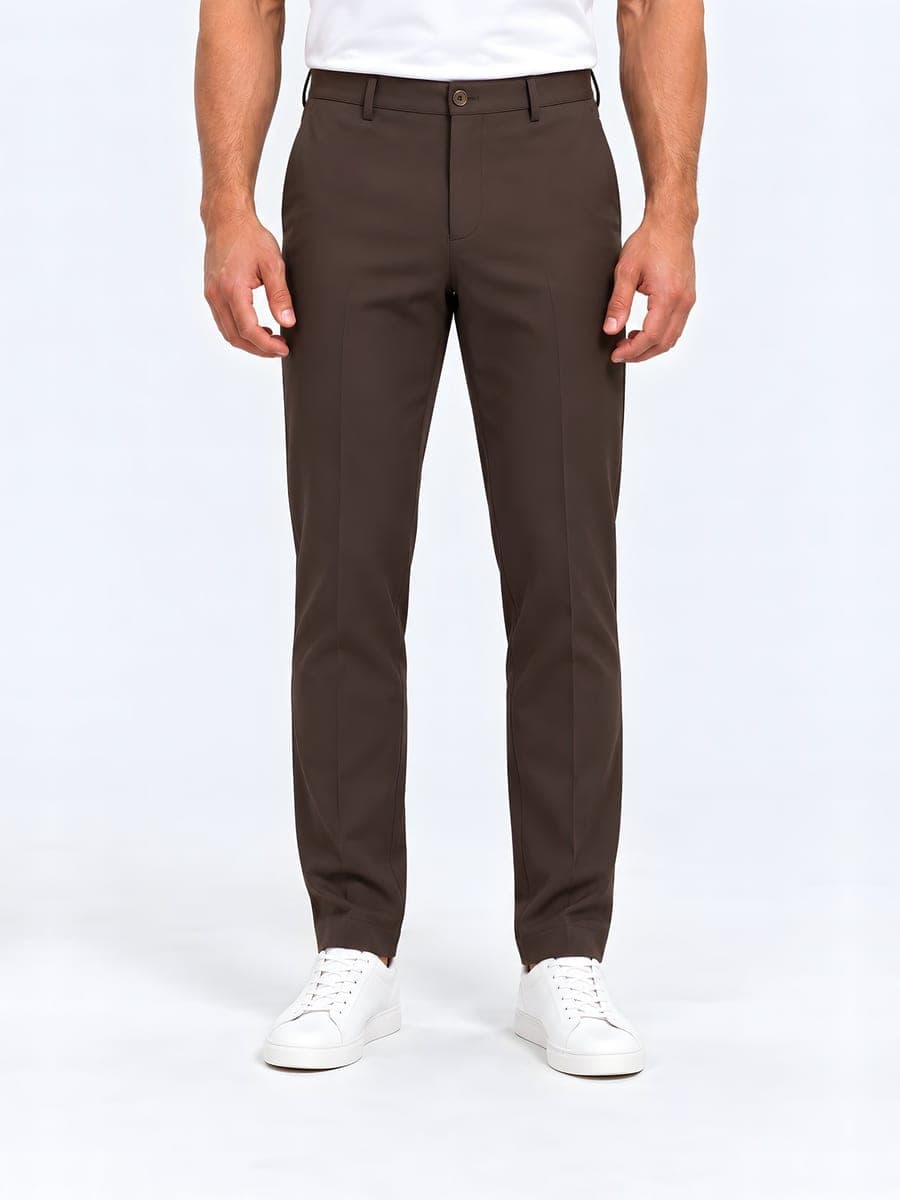 Aardebruine slim fit pantalon met persvouw, vooraanzicht