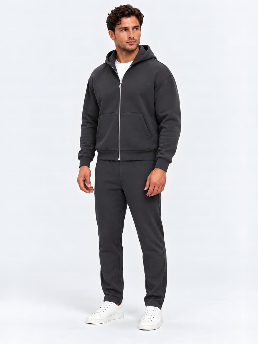Oversized zip hoodie set in anthracite, angled front view