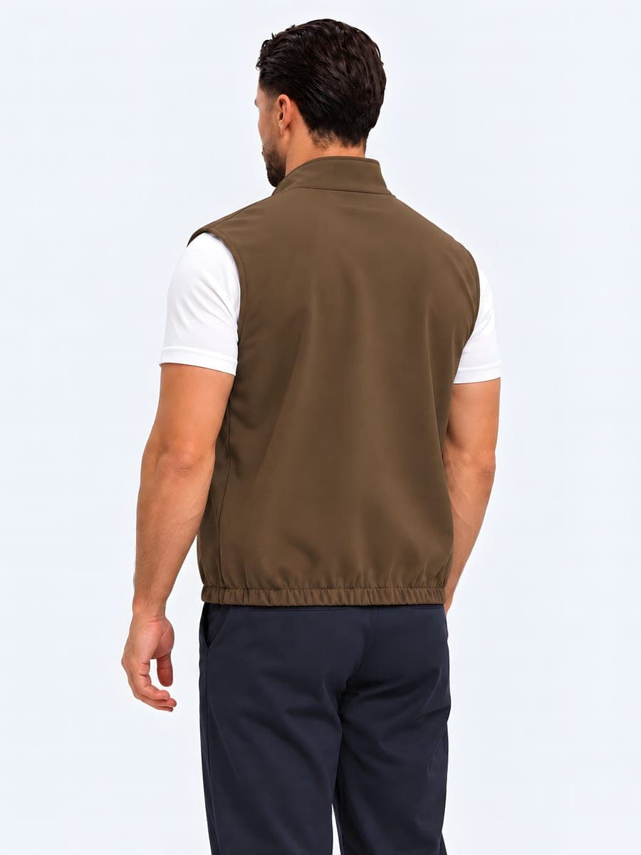 Reversible bodywarmer with a metal zip in beige / brown, back view