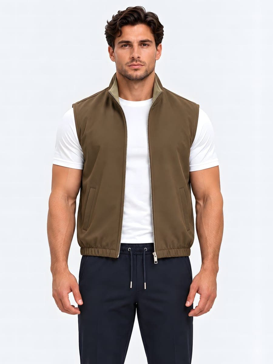 Beige-bruine omkeerbare bodywarmer met metalen rits, vooraanzicht