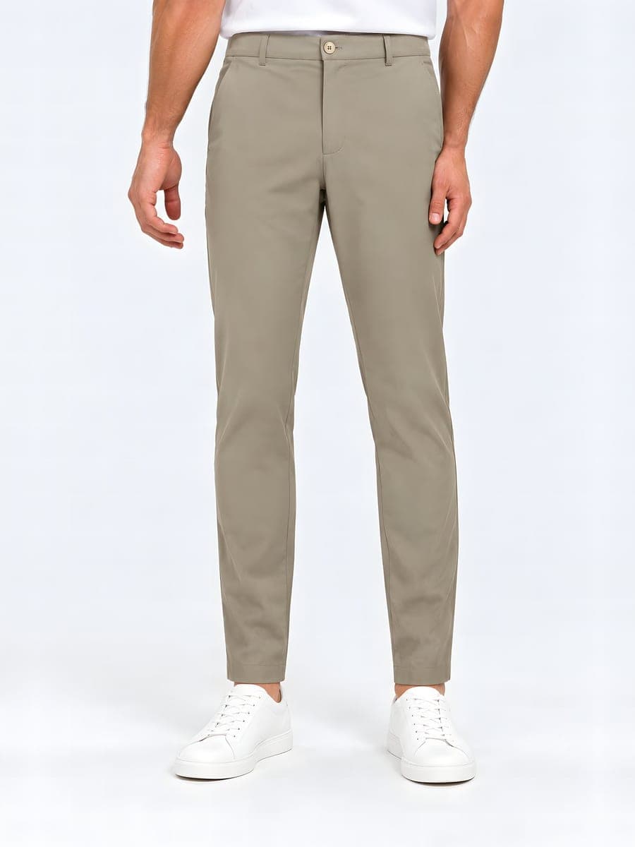 Beige gladde pantalon met rechte pijp, vooraanzicht