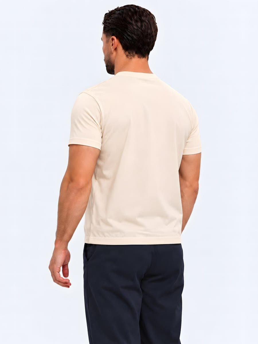 Beige glanzend T-shirt van polyester, achteraanzicht