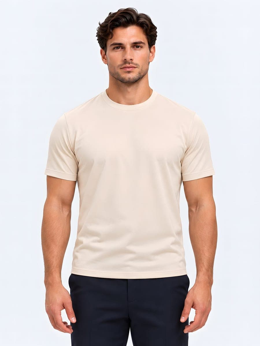 Beige glanzend T-shirt van polyester, vooraanzicht