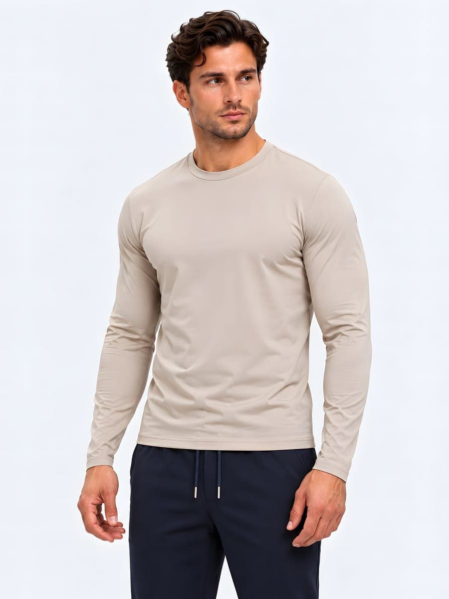 Longsleeve with a subtle sheen in beige, angled front view