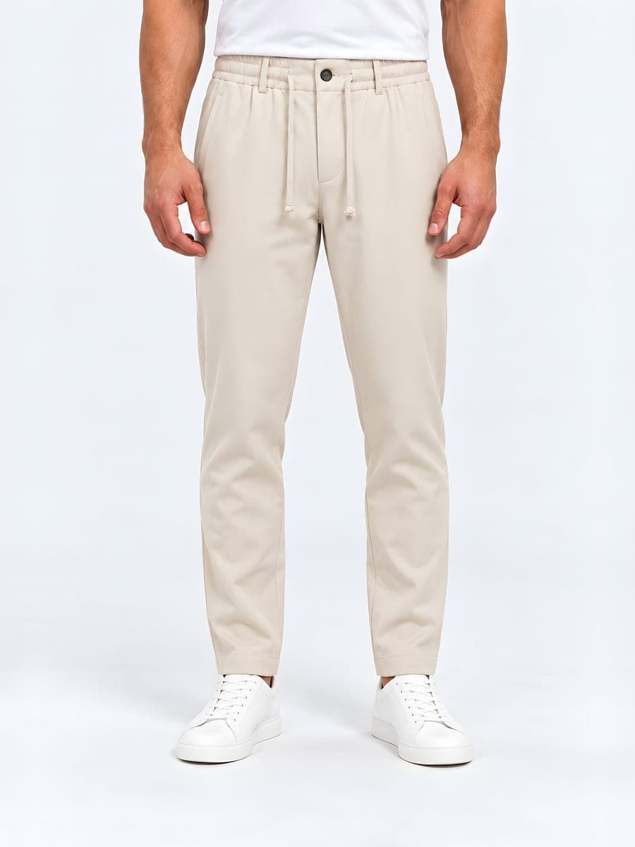 Beige tapered broek met trekkoord, vooraanzicht