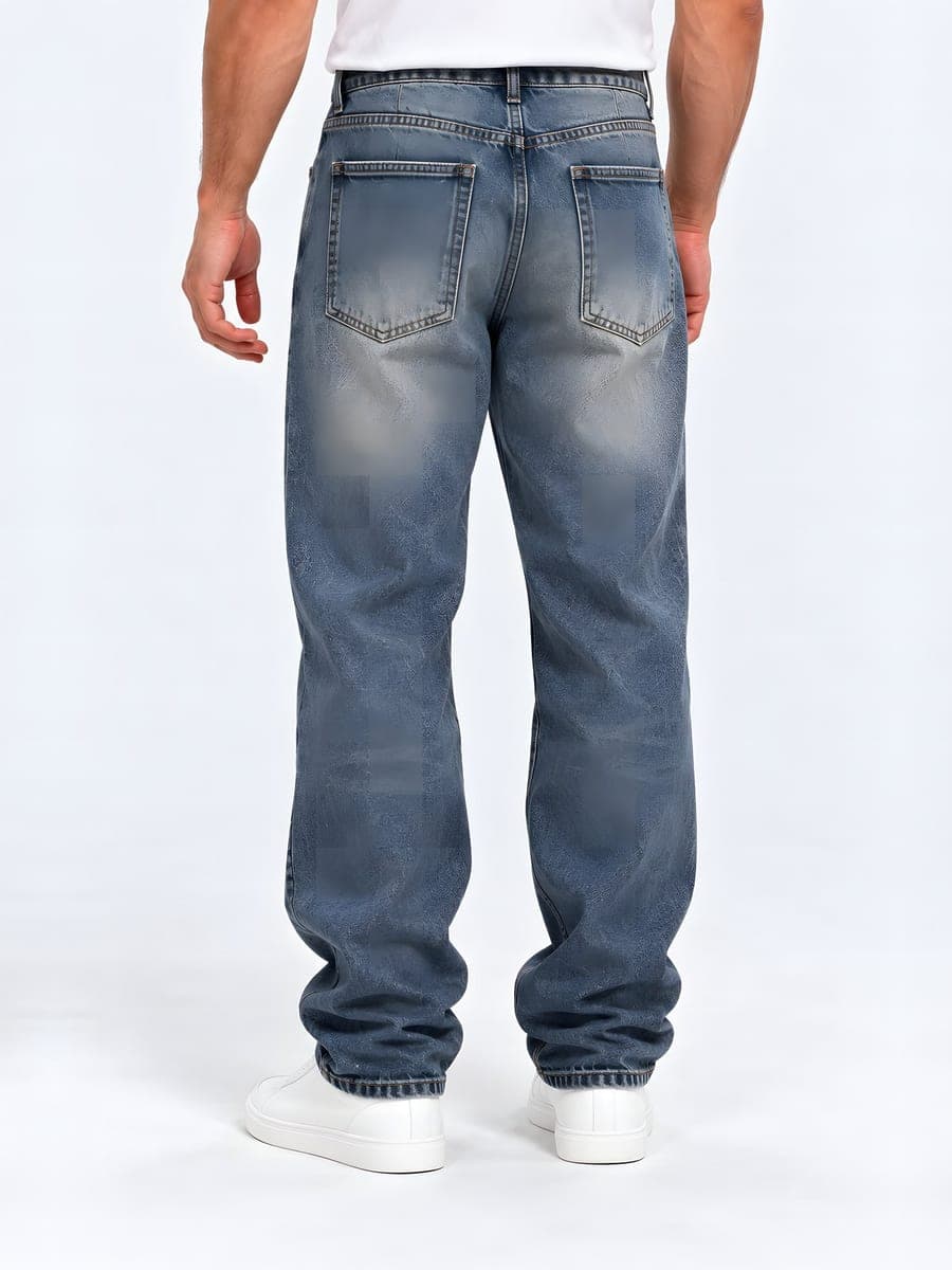 Baggy jeans with panel seams in blue grey, washed, back view