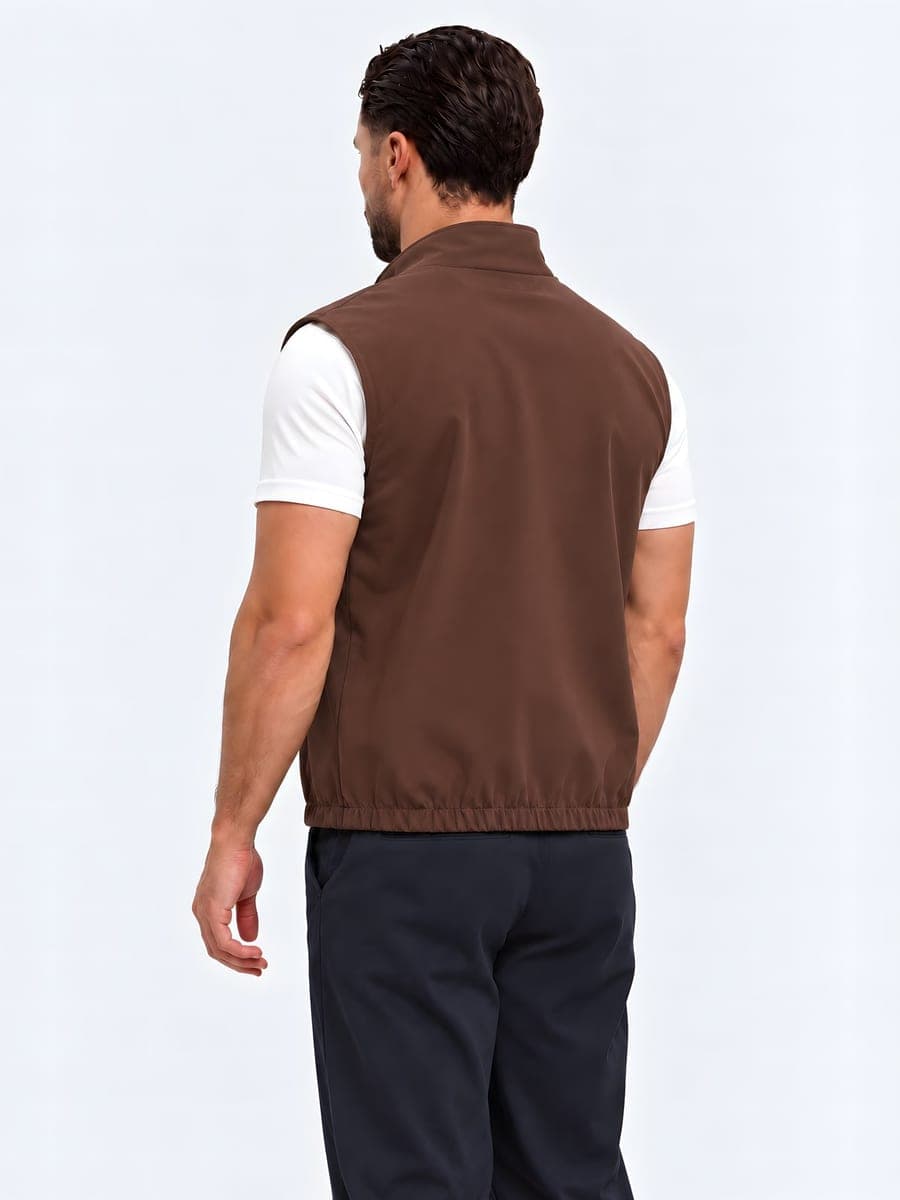 Bruin-beige omkeerbare bodywarmer, achteraanzicht