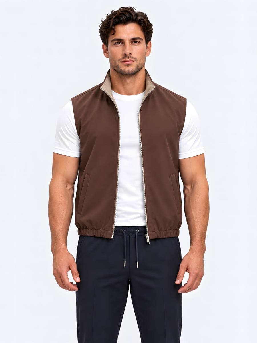 Bruin-beige omkeerbare bodywarmer, vooraanzicht