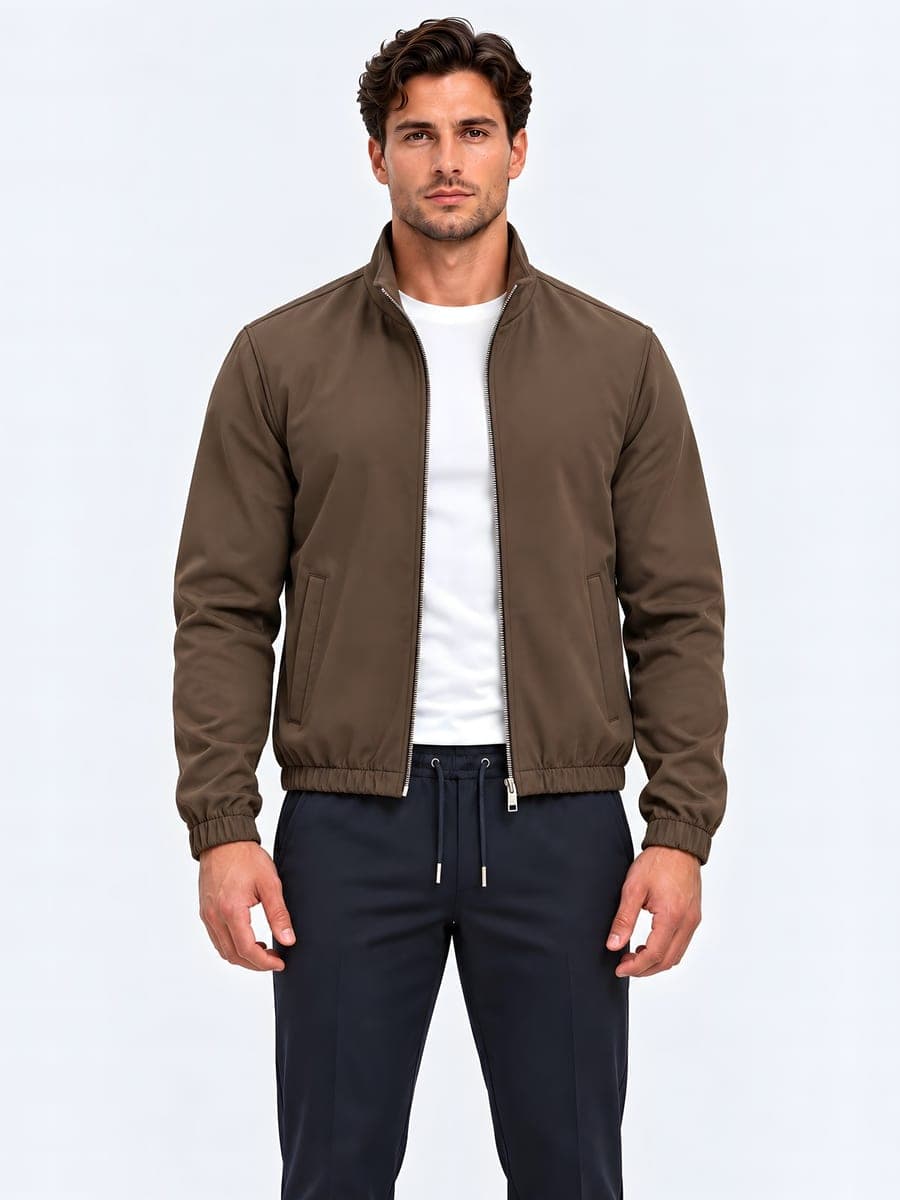 Polyester jacket with a two-way zip in brown, front view