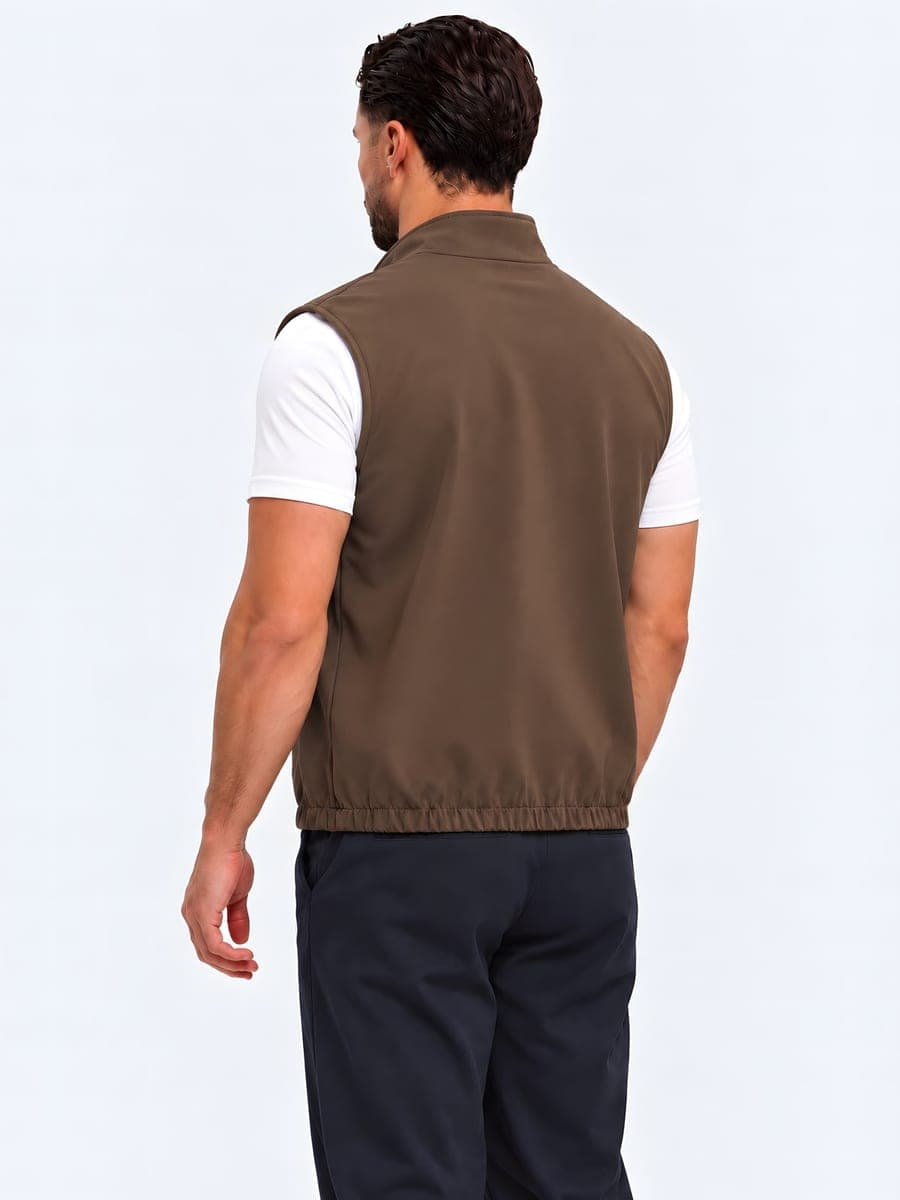 Polyester bodywarmer with a two-way zip in brown, back view