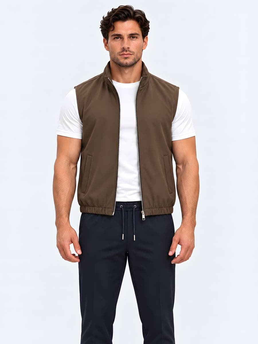 Polyester bodywarmer with a two-way zip in brown, front view