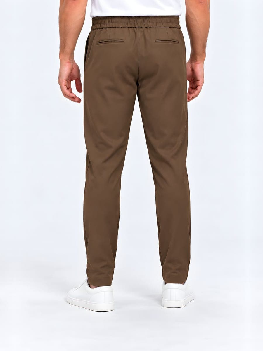 Bruine polyester broek met trekkoord en rechte pijp, achteraanzicht