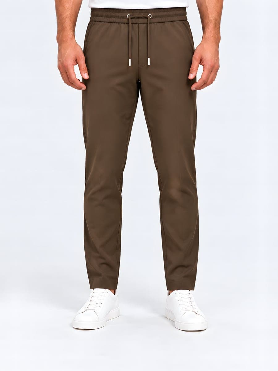 Bruine polyester broek met trekkoord en rechte pijp, vooraanzicht