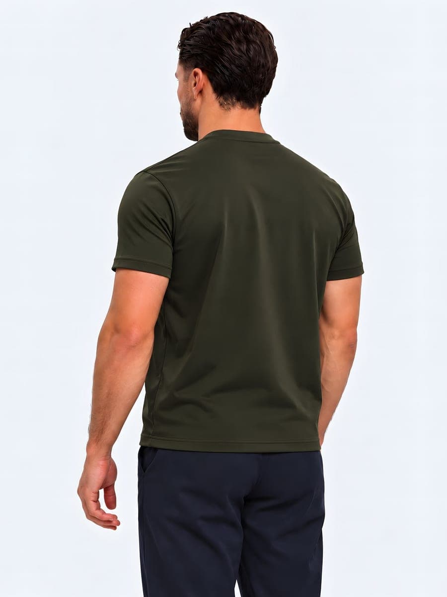 Donker olijfgroen glanzend T-shirt van polyester, achteraanzicht