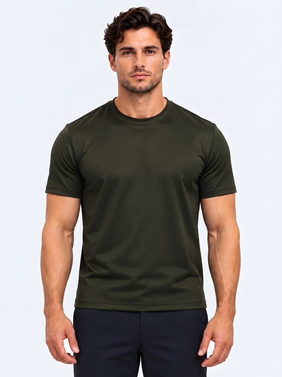 Donker olijfgroen glanzend T-shirt van polyester, vooraanzicht