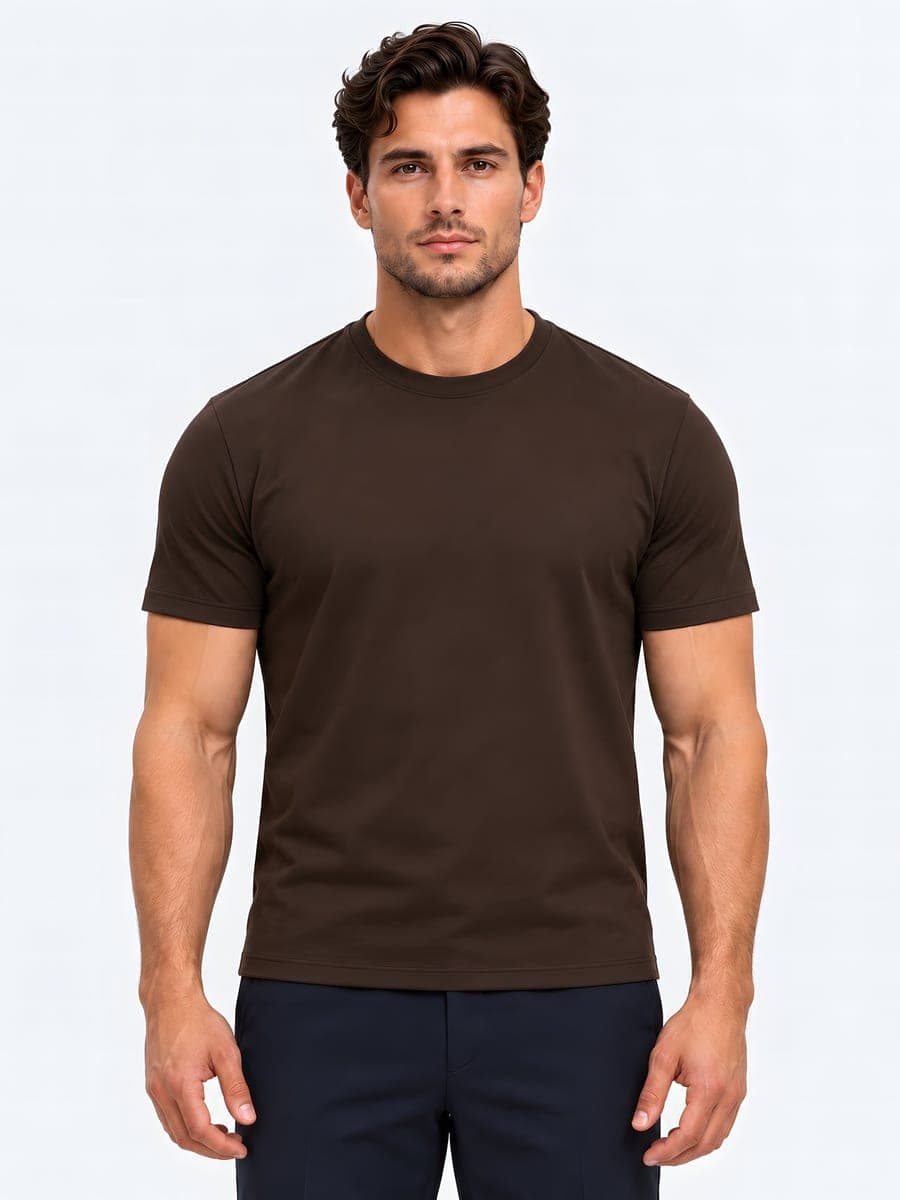 Donkerbruin glanzend T-shirt van polyester, vooraanzicht