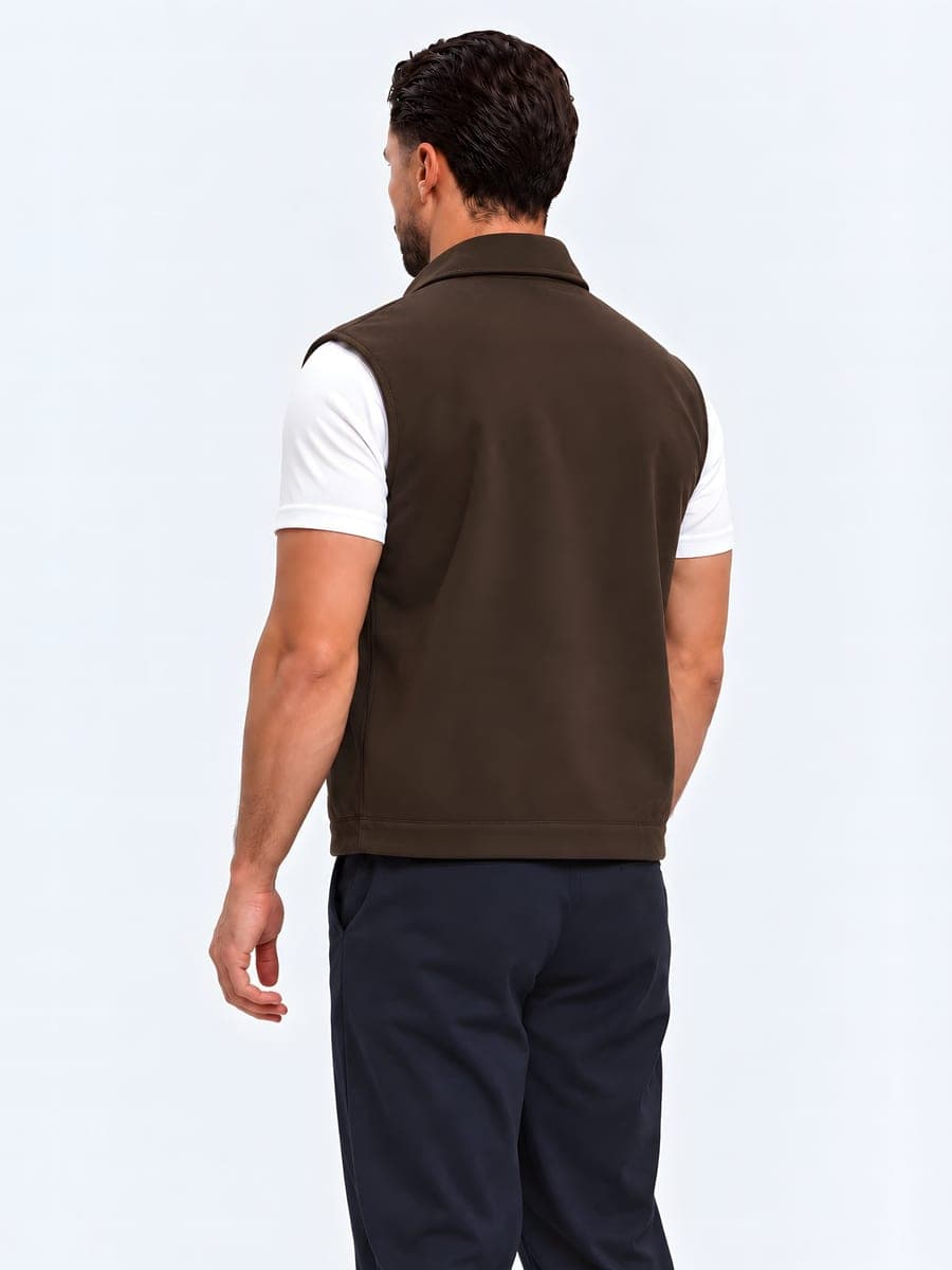 Bodywarmer with chest pockets in dark brown, back view