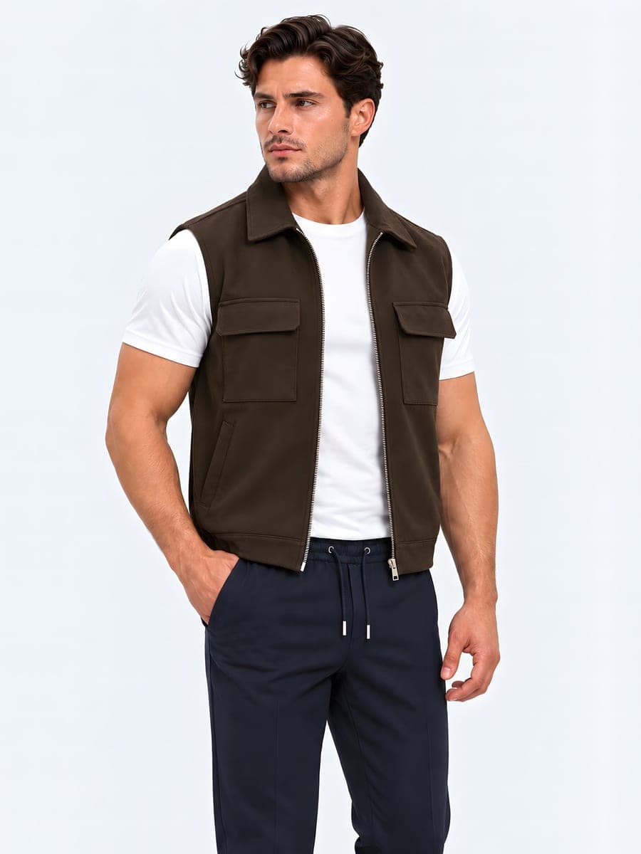 Bodywarmer with chest pockets in dark brown, worn with a hand in the pocket