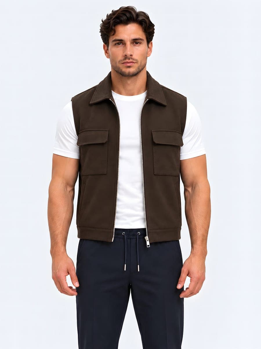 Bodywarmer with chest pockets in dark brown, front view