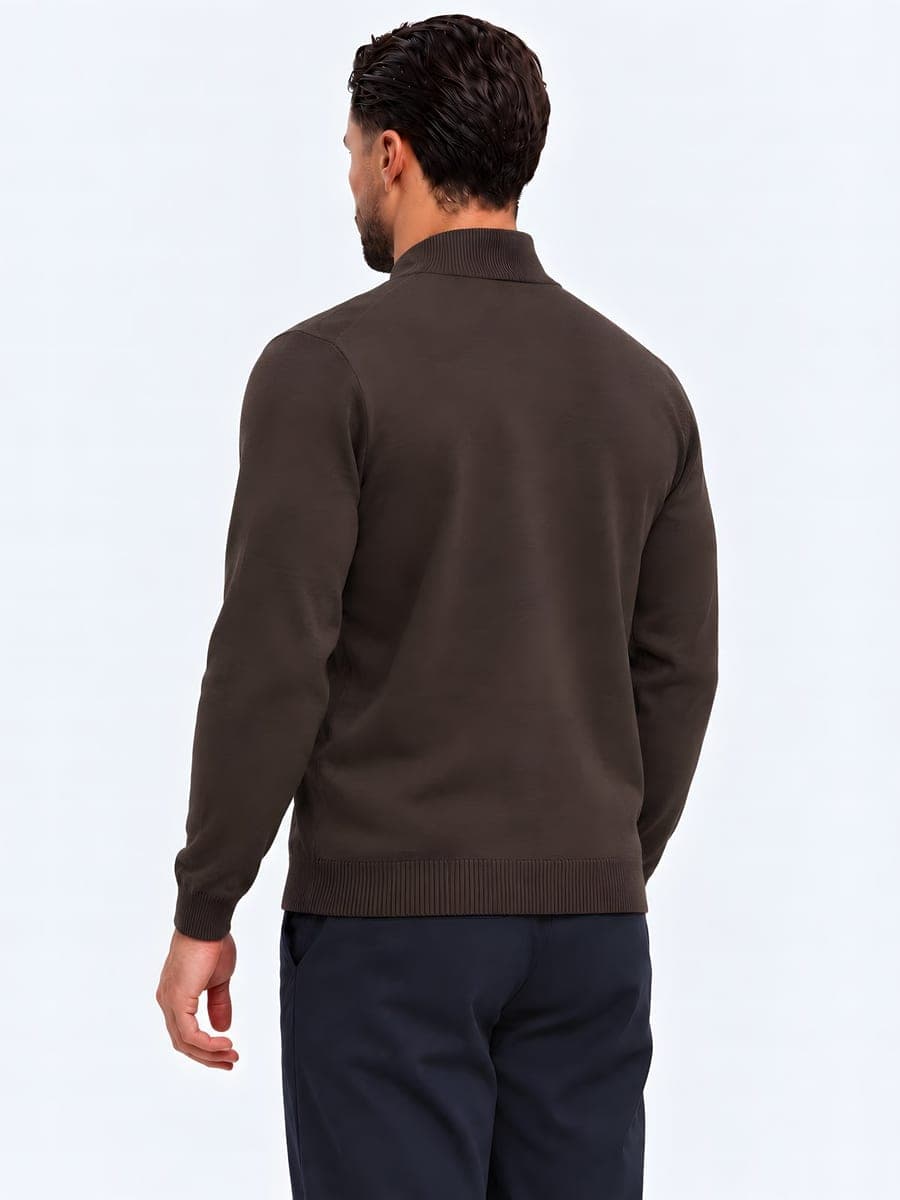 Knitted half zip sweater in dark brown, back view