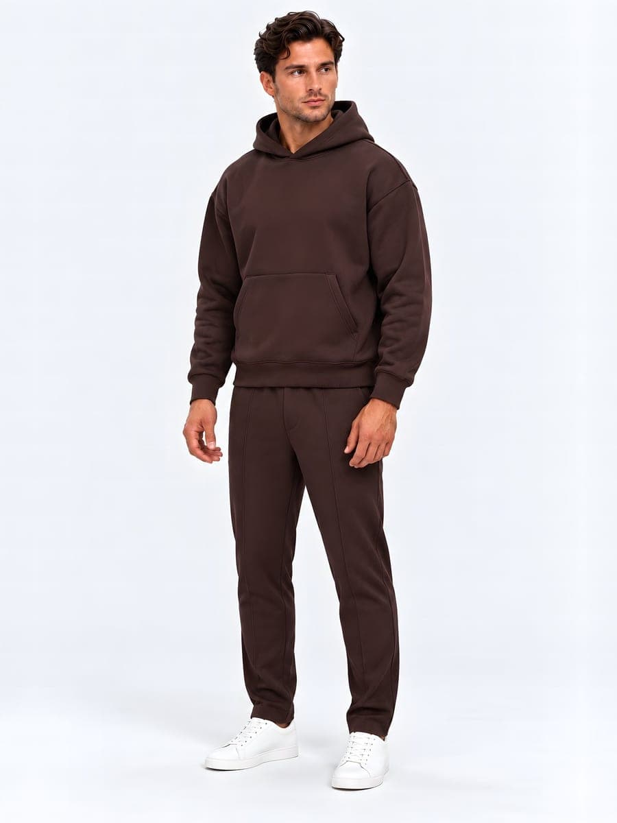 Oversized hoodie set in dark brown, angled front view