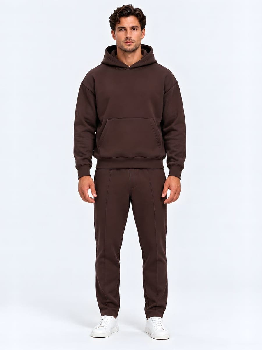 Oversized hoodie set in dark brown, front view