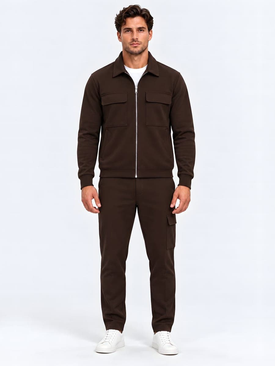 Set with overshirt jacket and cargo trousers in dark brown, front view