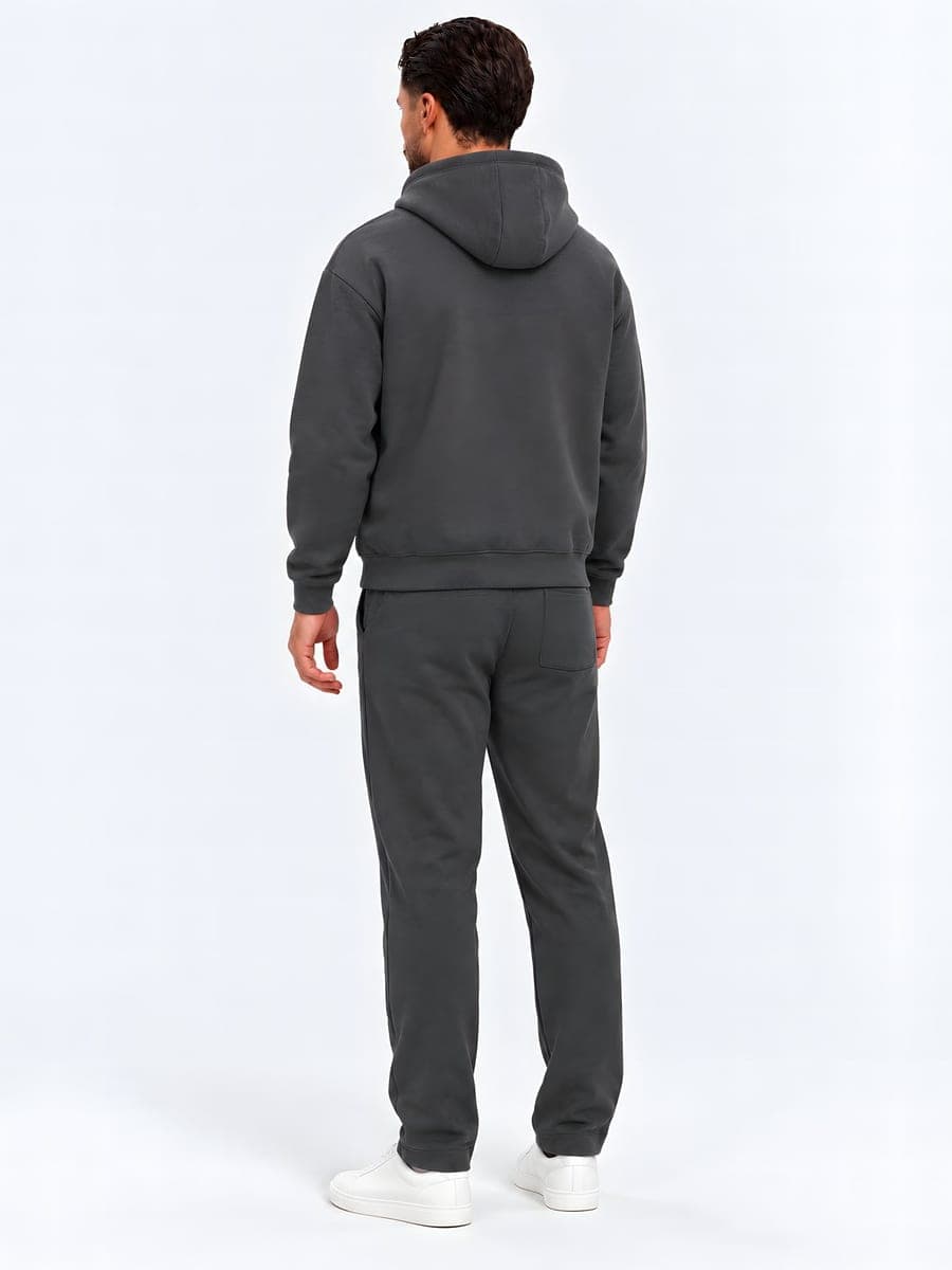 Donkergrijze oversized zip-hoodie-set, achteraanzicht