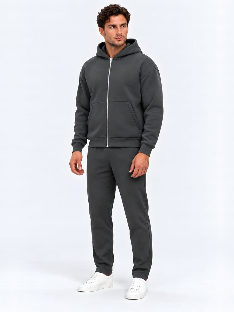 Oversized zip hoodie set in dark grey, angled front view