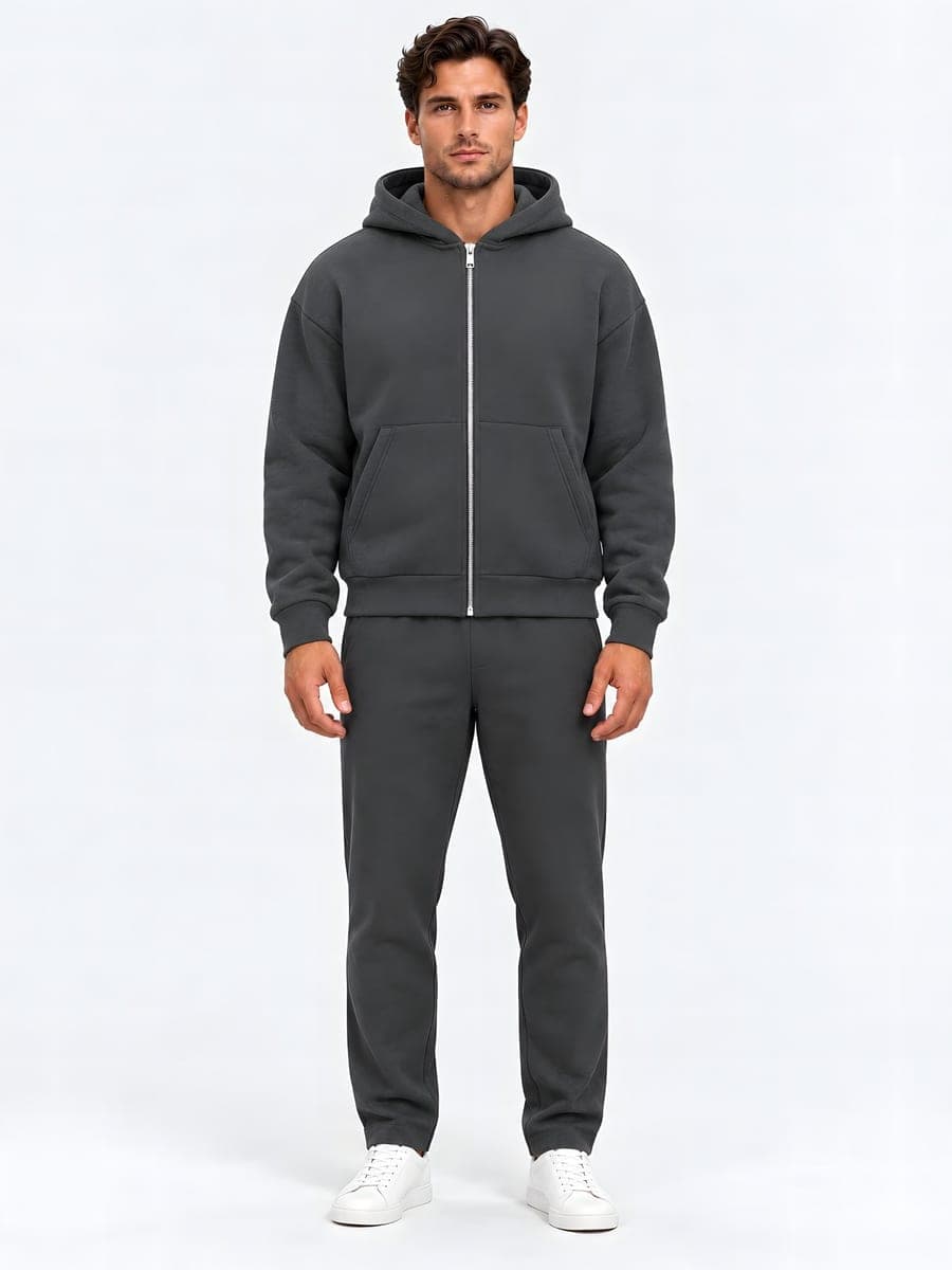 Donkergrijze oversized zip-hoodie-set, vooraanzicht