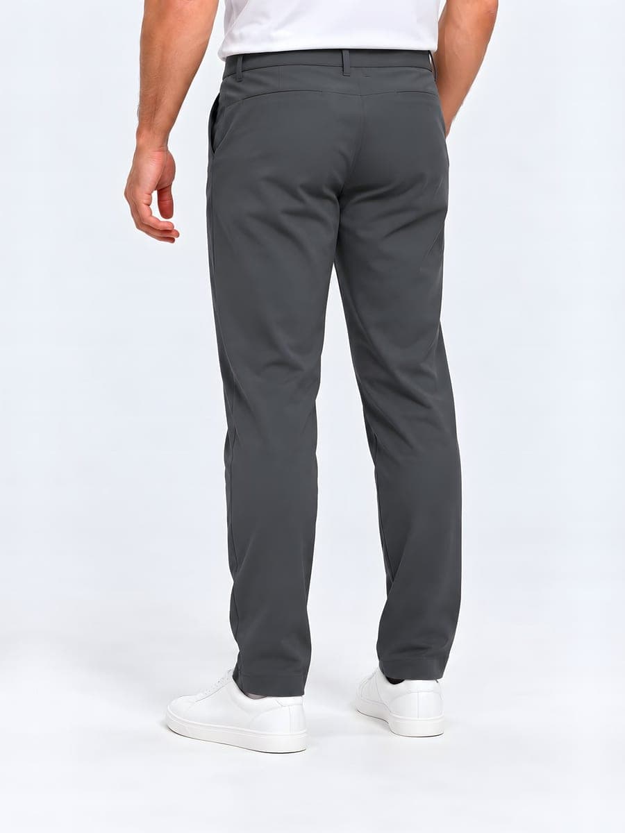 Donkergrijze tapered pantalon, mat, achteraanzicht