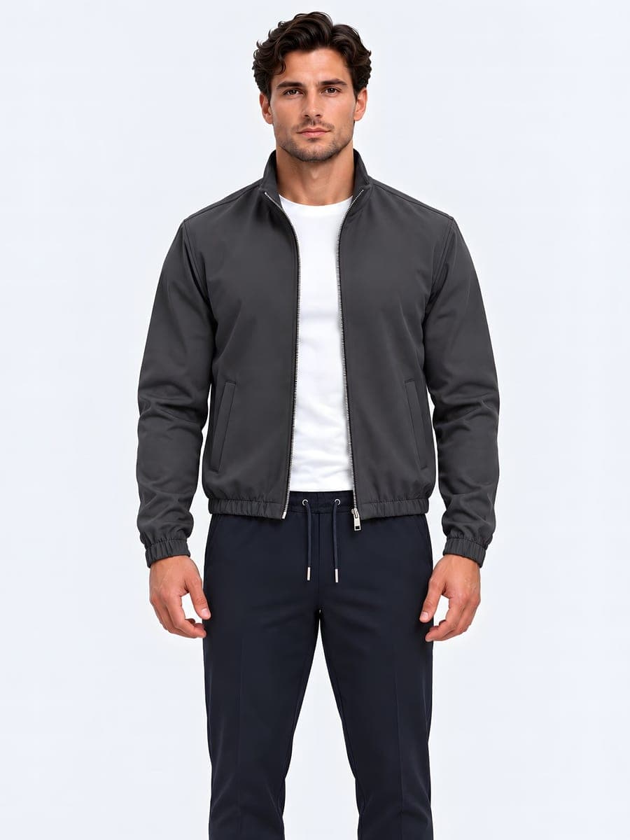 Grijs polyester jack met tweewegrits, vooraanzicht
