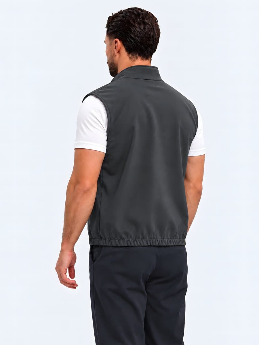Grijze polyester bodywarmer met tweewegrits, achteraanzicht
