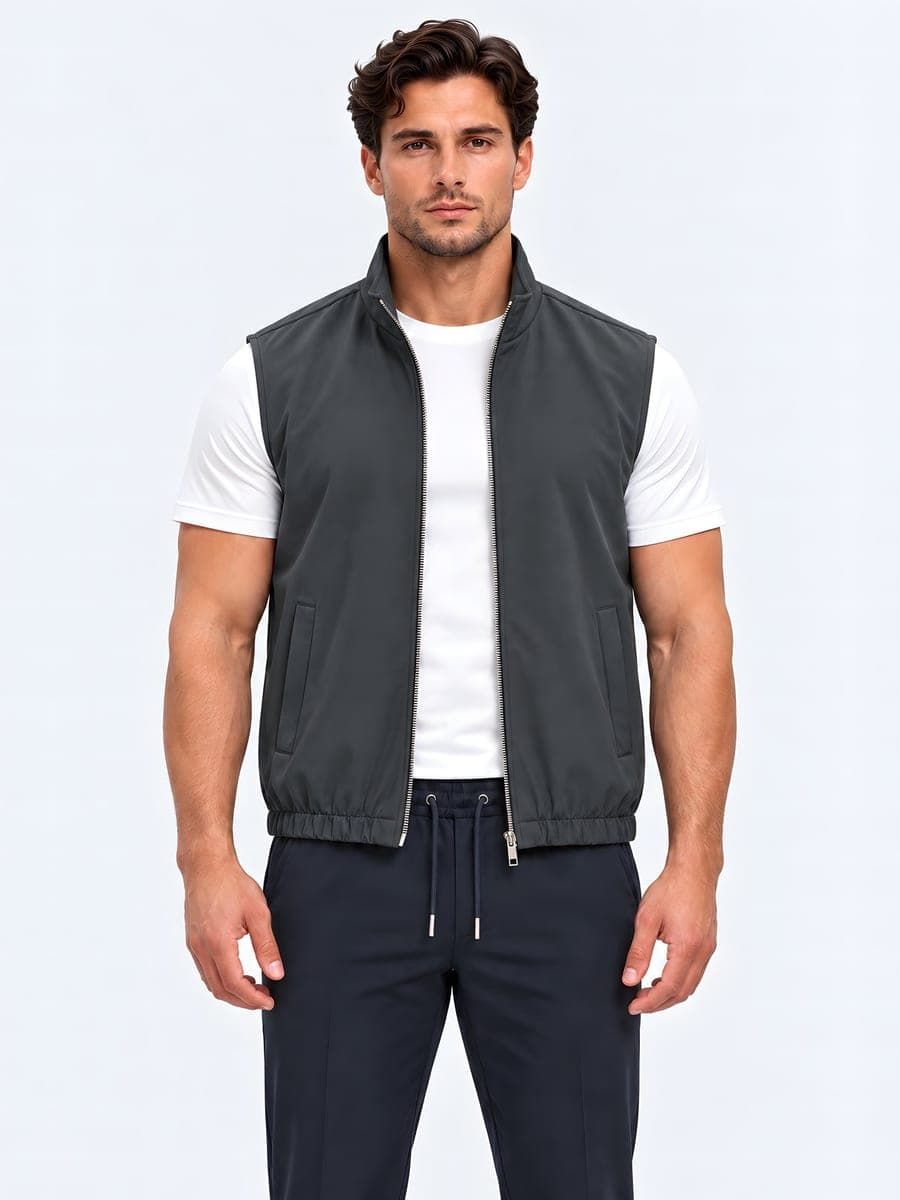 Grijze polyester bodywarmer met tweewegrits, vooraanzicht