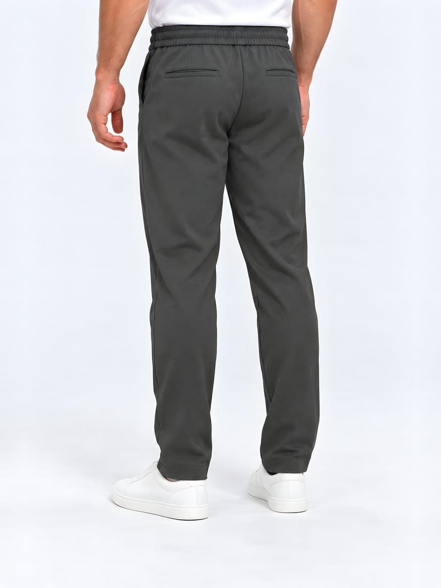 Polyester straight leg drawstring trousers in grey, back view