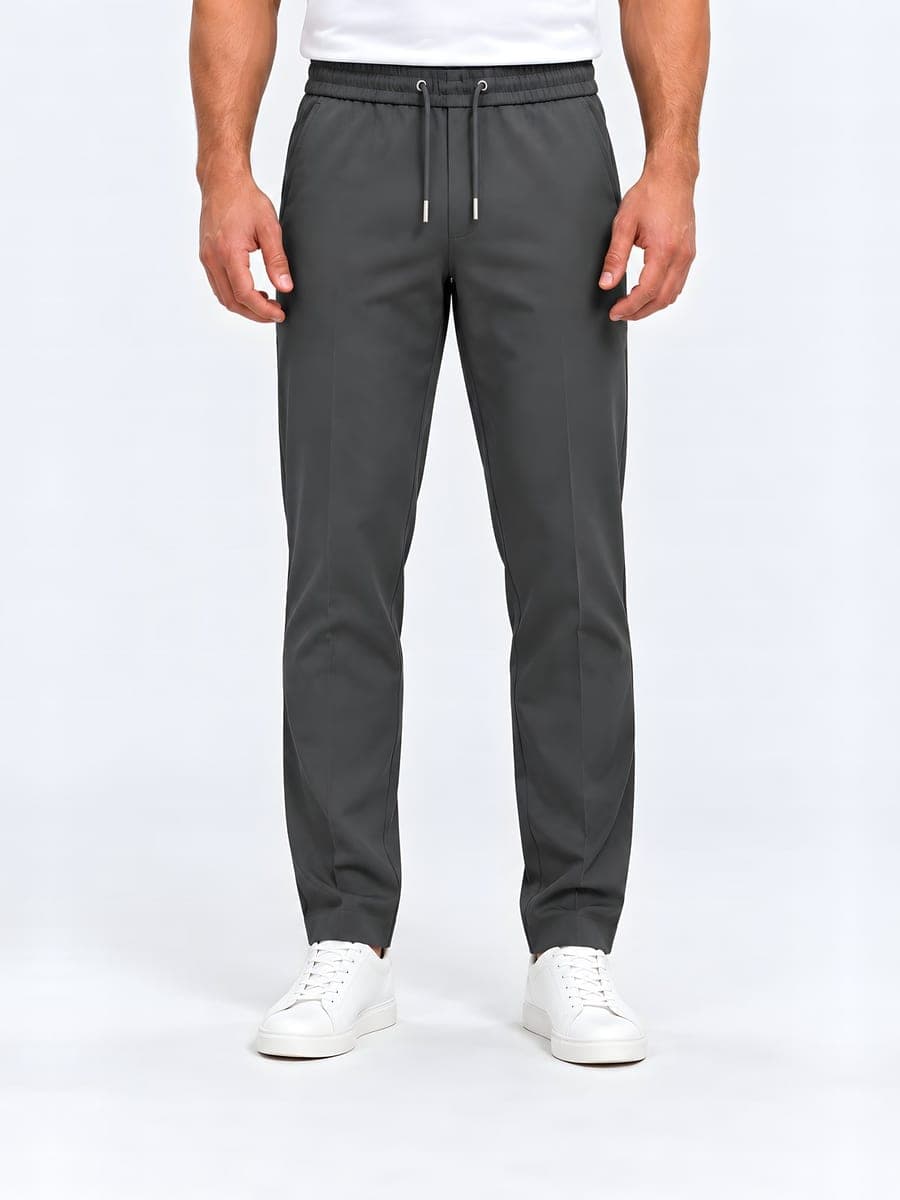 Polyester straight leg drawstring trousers in grey, front view