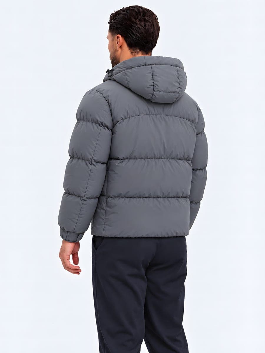 Puffer jacket with hood and storm flap in grey, back view