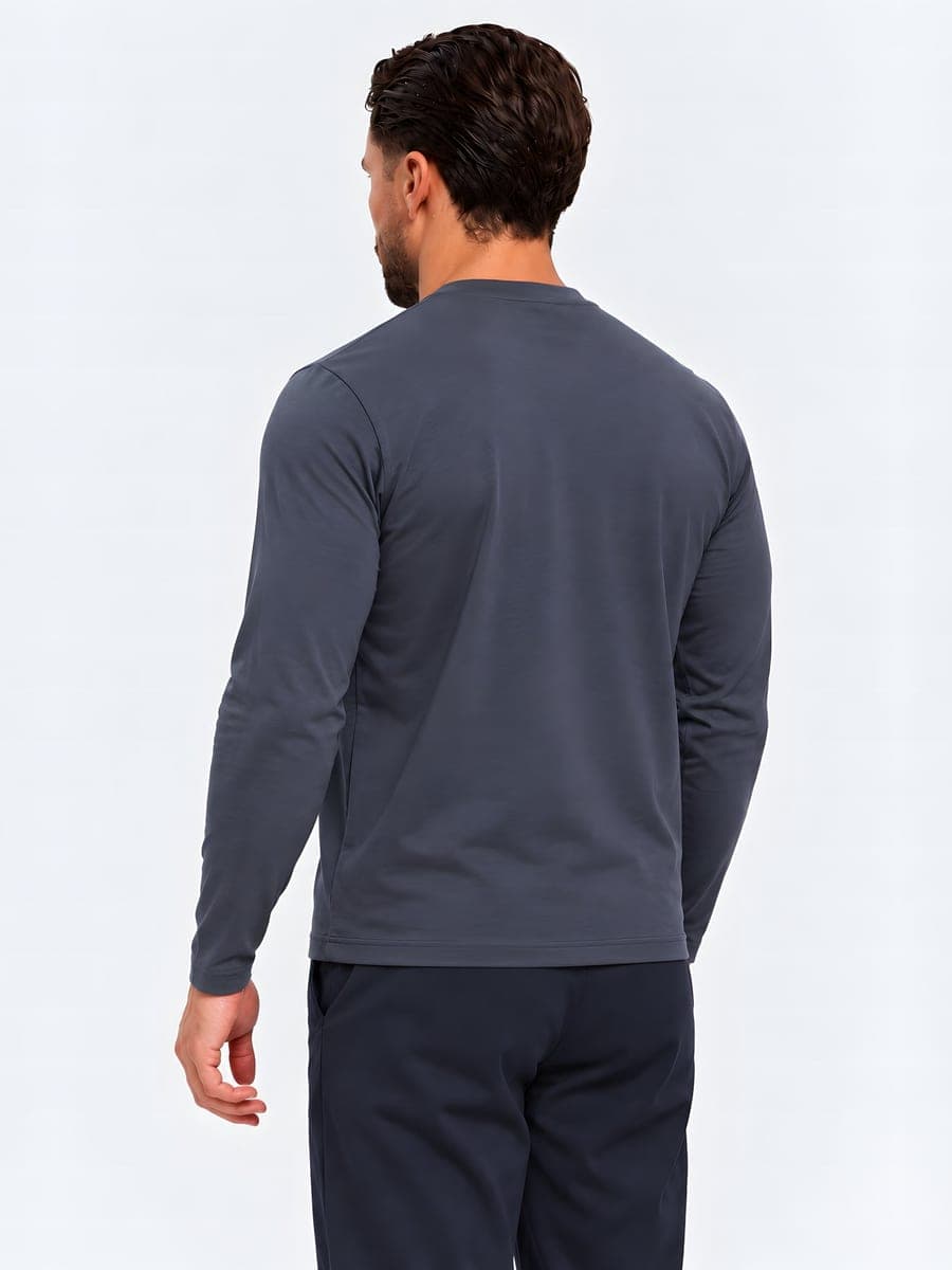 Leigrijze longsleeve met subtiele glans, achteraanzicht