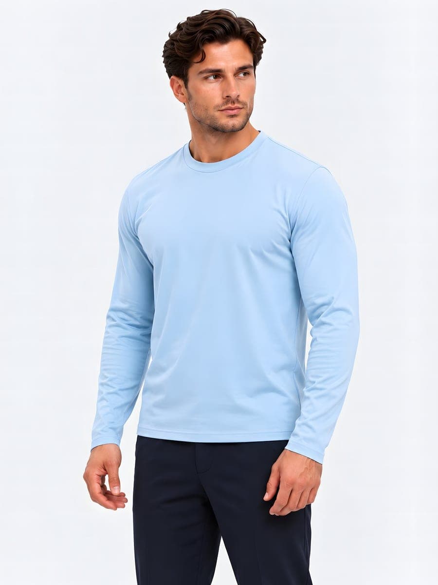 Longsleeve with a subtle sheen in light blue, angled front view