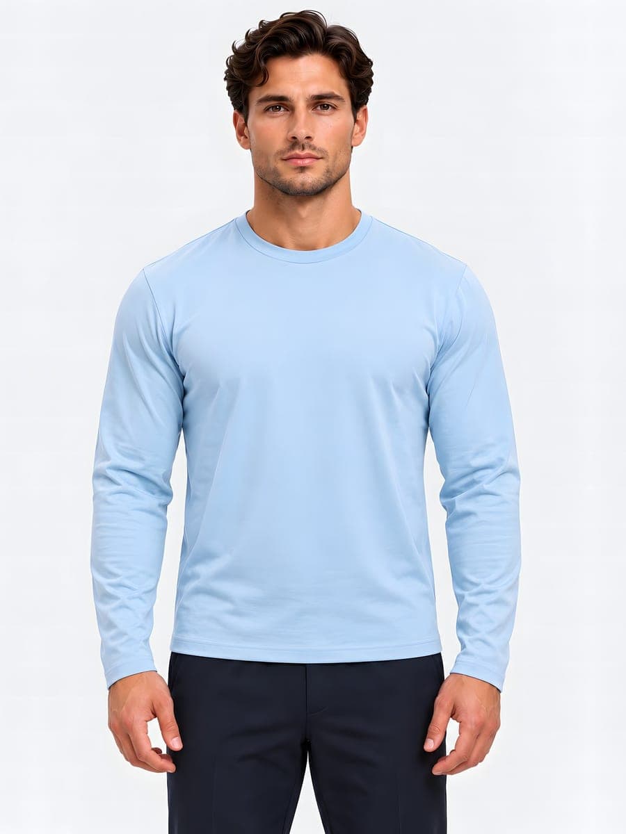 Lichtblauwe longsleeve met subtiele glans, vooraanzicht