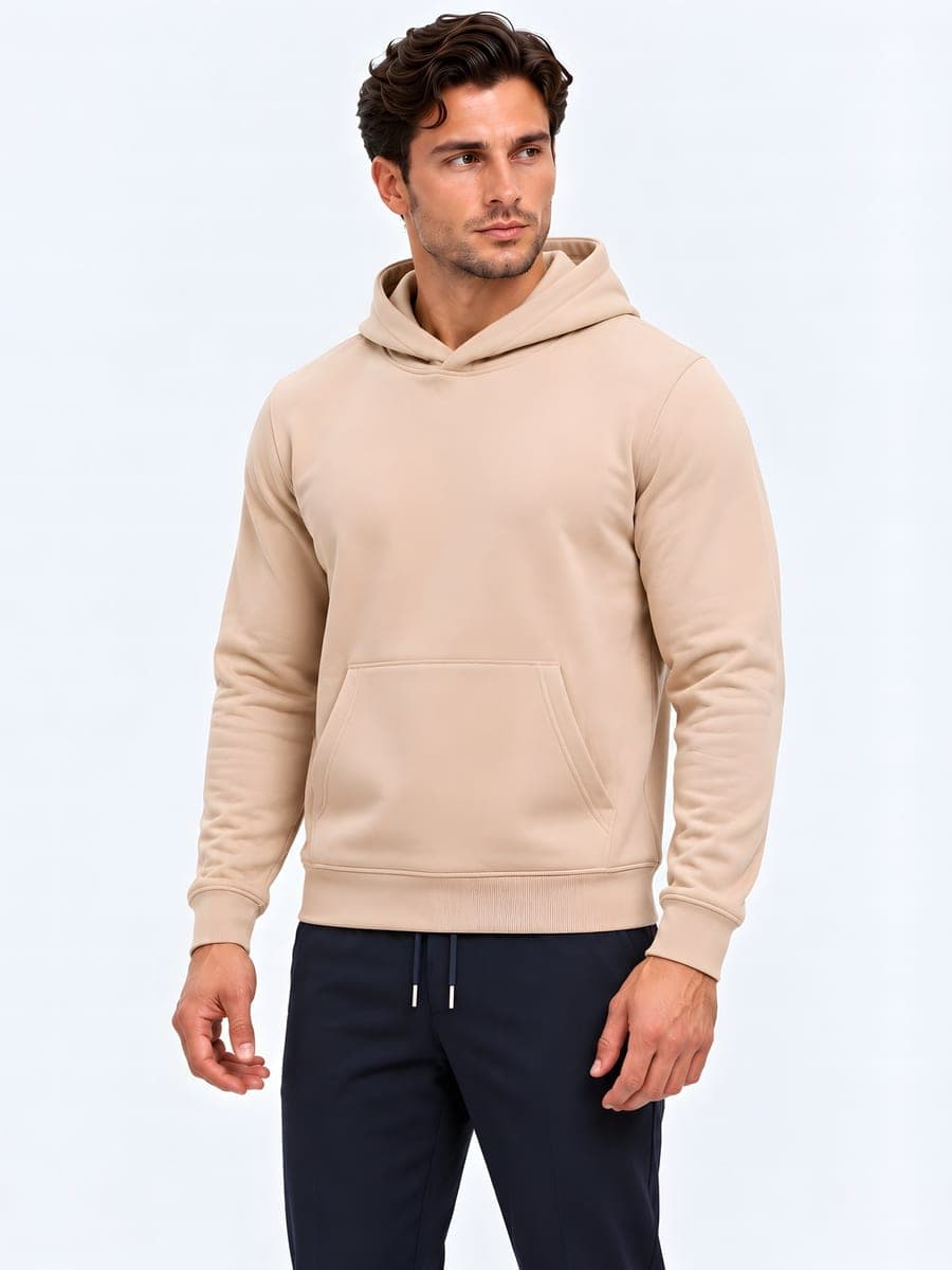 Heavyweight hoodie, regular fit in light brown / sand, angled front view