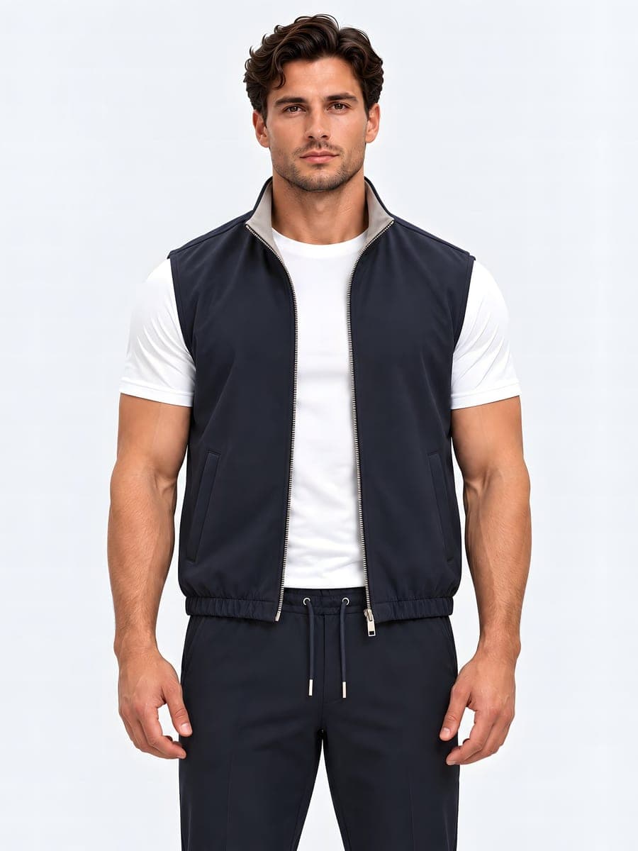 Lichtgrijs-navy omkeerbare bodywarmer met metalen rits, vooraanzicht