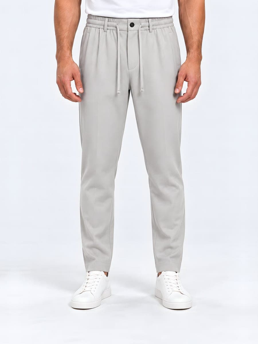 Lichtgrijze tapered broek met trekkoord, vooraanzicht