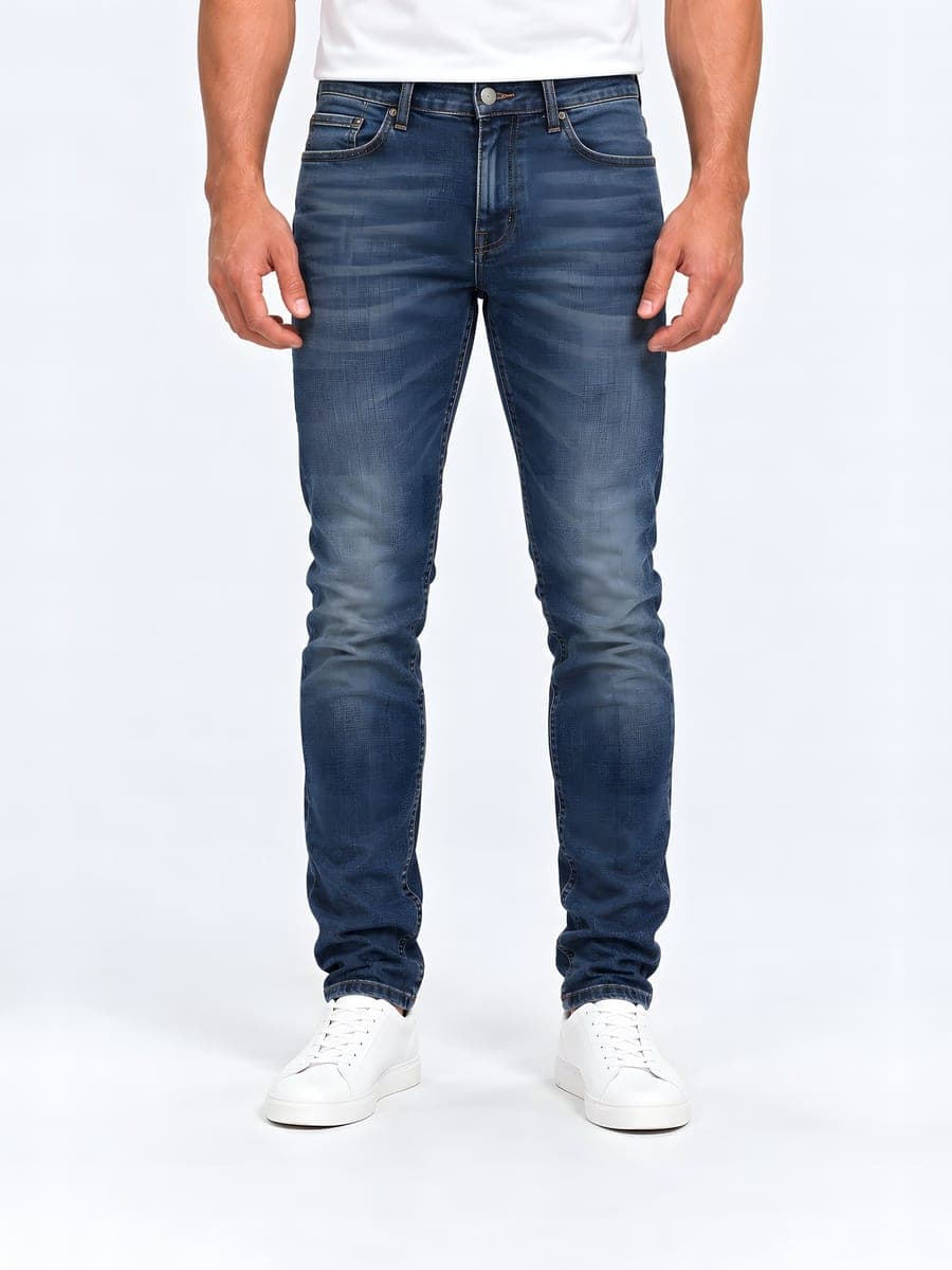Slim fit washed jeans in mid blue, washed, front view