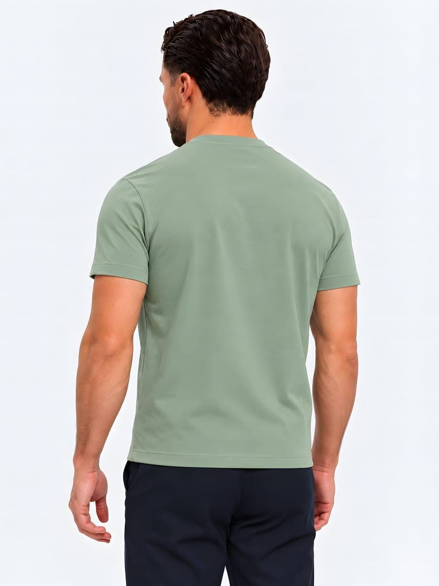 Mintgroen slim fit T-shirt met hoge ronde hals, achteraanzicht