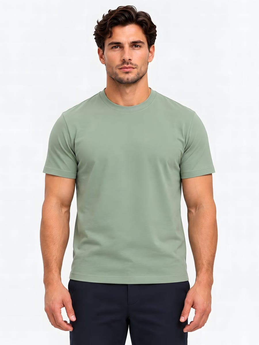 Mintgroen slim fit T-shirt met hoge ronde hals, vooraanzicht