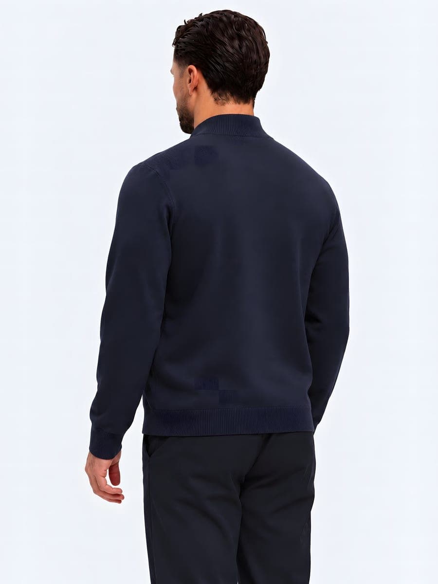 Knitted half zip sweater in navy, back view