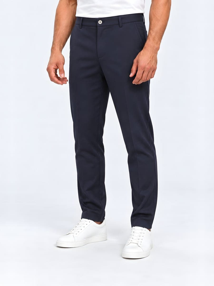 Navy gladde pantalon met rechte pijp, schuin van voren