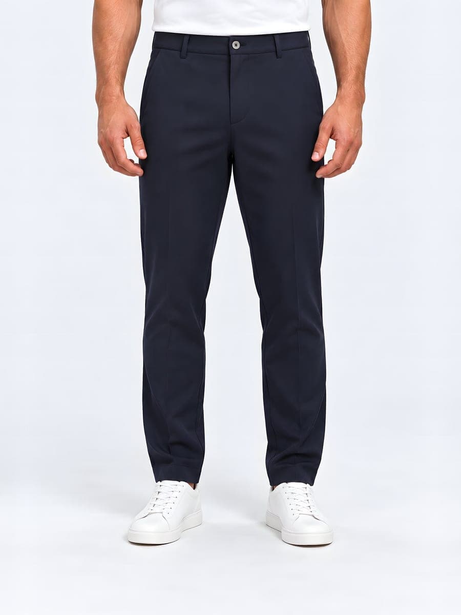 Navy gladde pantalon met rechte pijp, vooraanzicht